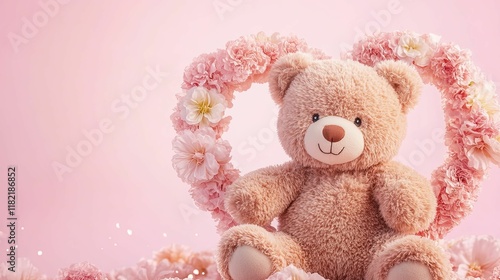 A cute teddy bear surrounded by pink flowers in a heart shape, perfect for gifts and celebrations of love.