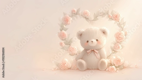 A soft, plush teddy bear sits within a heart of delicate flowers, evoking feelings of love and nostalgia in a gentle pastel setting.