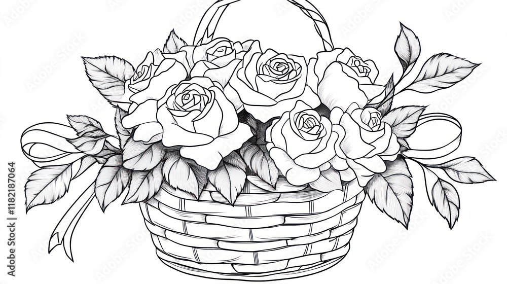 custom made wallpaper toronto digitalWoven rose basket, line art, floral design, coloring page, romantic background