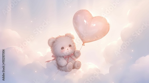 A cute teddy bear holding a pink heart-shaped balloon, surrounded by soft clouds and a gentle light, evoking a dreamy, whimsical atmosphere.