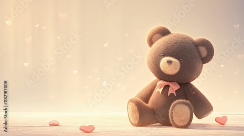 A cute teddy bear sits serenely among pink heart-shaped decorations, radiating warmth and nostalgia in a dreamy, soft-lit ambiance.