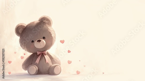 A cute teddy bear sits against a soft background, surrounded by small hearts, evoking feelings of love and comfort.
