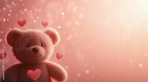 A cute teddy bear surrounded by floating hearts, creating a warm and loving atmosphere perfect for expressing affection.