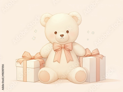 A cute, soft teddy bear with a bow sits between two gift boxes, creating a cozy, heartwarming atmosphere.