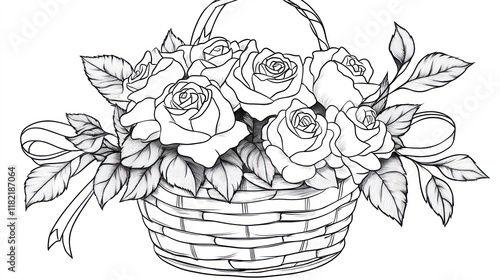 Wallpaper Mural Woven rose basket, line art, floral design, coloring page, romantic background Torontodigital.ca