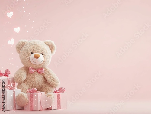 A cute teddy bear sits next to beautifully wrapped gifts on a soft pink background, evoking feelings of love and warmth.
