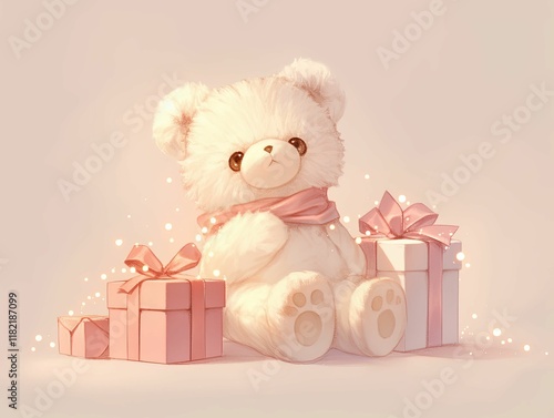 A cute, fluffy teddy bear with a pink scarf sits beside pastel gift boxes, creating a warm and joyful atmosphere.