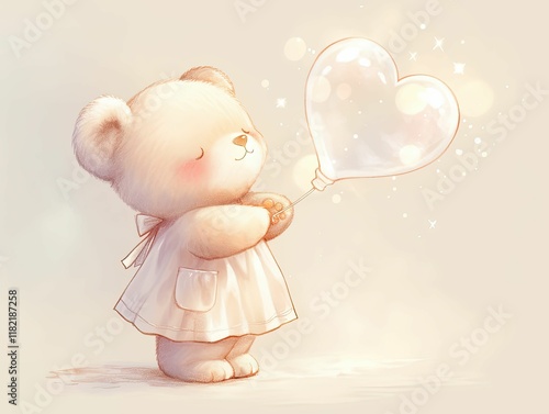 A cute teddy bear holds a heart-shaped balloon, wearing a lovely dress, surrounded by a soft, dreamy atmosphere.