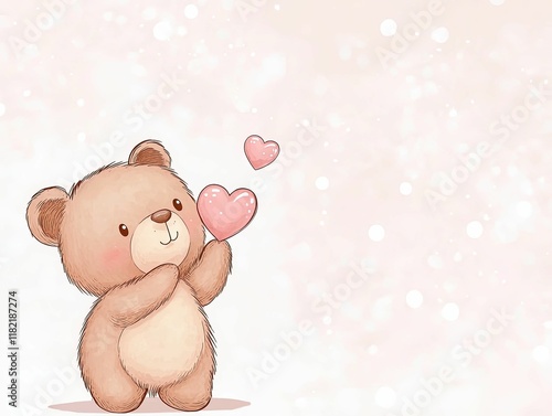 A cute, cartoon bear holding a pink heart against a soft, pastel background, exuding warmth and affection.
