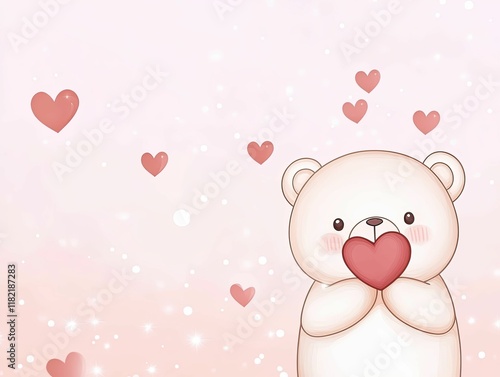 A cute cartoon bear holding a heart, surrounded by floating hearts against a soft pink background, conveying love and affection.