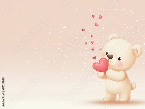A cute teddy bear holds a heart, surrounded by floating hearts on a soft pastel background, evoking warmth and love.