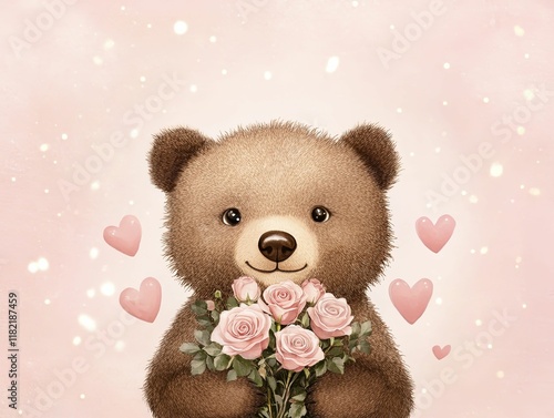 A cute bear holding pink roses with a soft, dreamy background filled with hearts and sparkles, evoking warmth and affection.