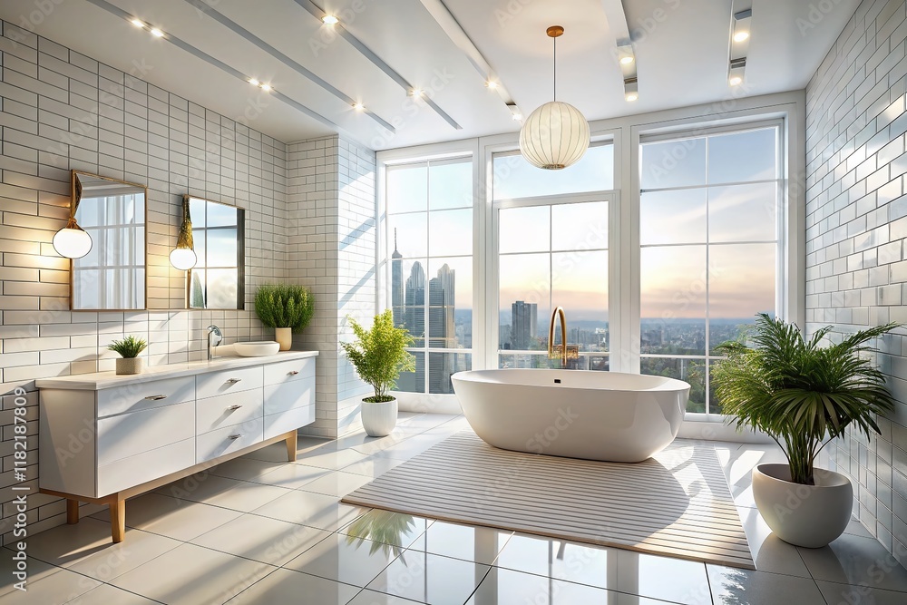 Fototapeta premium Sunlit Modern White Bathroom Interior Design, Luxury Tile, Large Windows, 3D Render