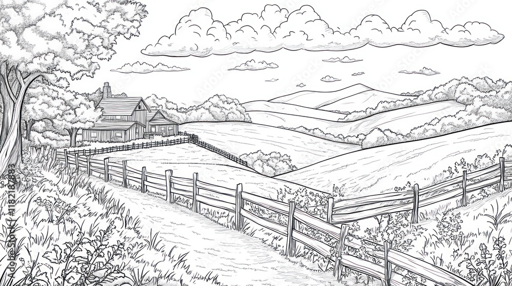 Fototapeta premium Rural Farm Scene Sketch Rolling Hills, Fence, Farmhouse