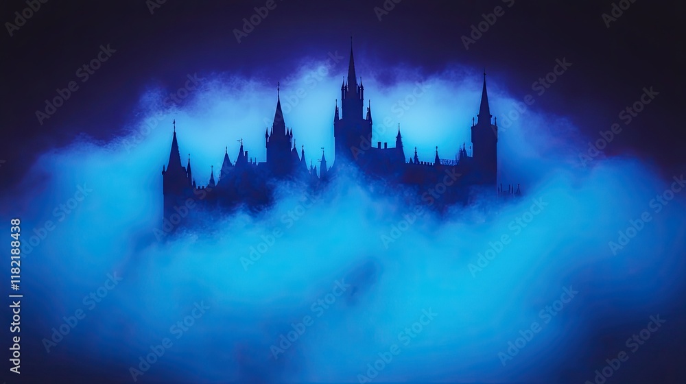 Fototapeta premium Mysterious silhouette of a castle emerging from eerie fog at night in a dark setting