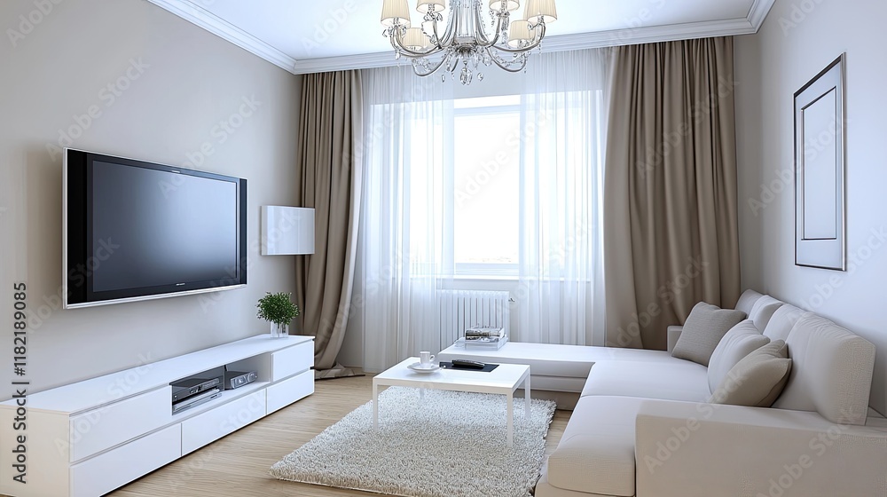Cozy living area features light gray tones, beige curtains, a large TV, and an elegant dining table with chandelier overhead Cozy living area features light gray tones, beige curtains, a large TV, and an elegant dining table with chandelier overhead