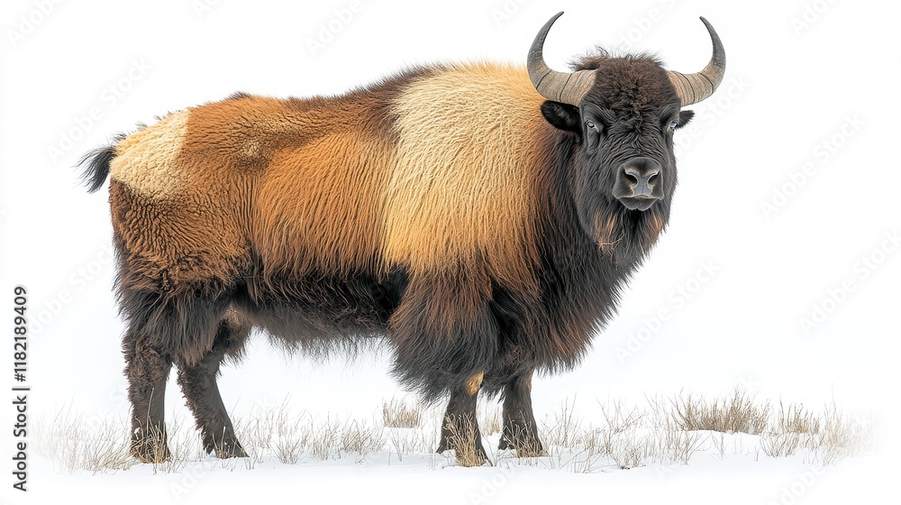 A large, brown and white bison stands in a snowy field against a white background. A large, brown and white bison stands in a snowy field against a white background.