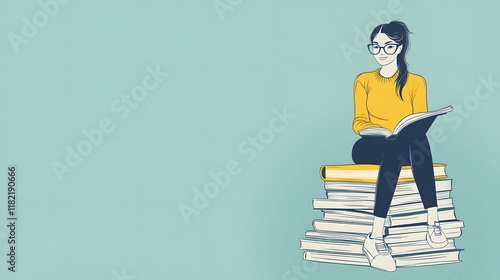 A flat vector illustration of an adult woman sitting on top of three books