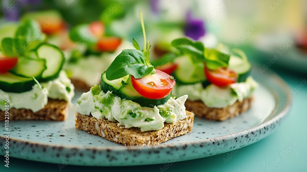 A plate of open-faced sandwiches topped with fresh vegetables and herbs. A plate of open-faced sandwiches topped with fresh vegetables and herbs.