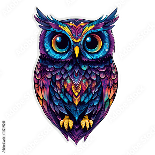 Psychedelic Owl Sticker Vibrant Colors, Intricate Design, Feathered Wings photo