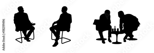 Two businessmen sitting on chairs and having a business meeting. Set of vector greetings discussing business