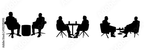 Two businessmen sitting on chairs and having a business meeting. Set of vector greetings discussing business