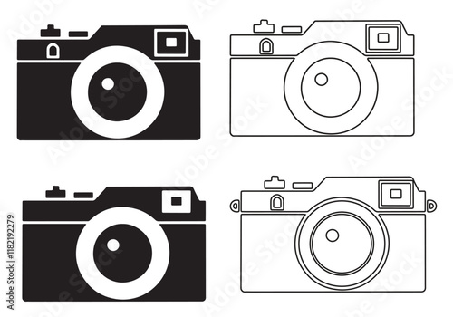 A set of simple, black-and-white icons depicting various camera and lens designs in solid and outline styles. Collection of Black and White Camera and Lens Icon bundle.