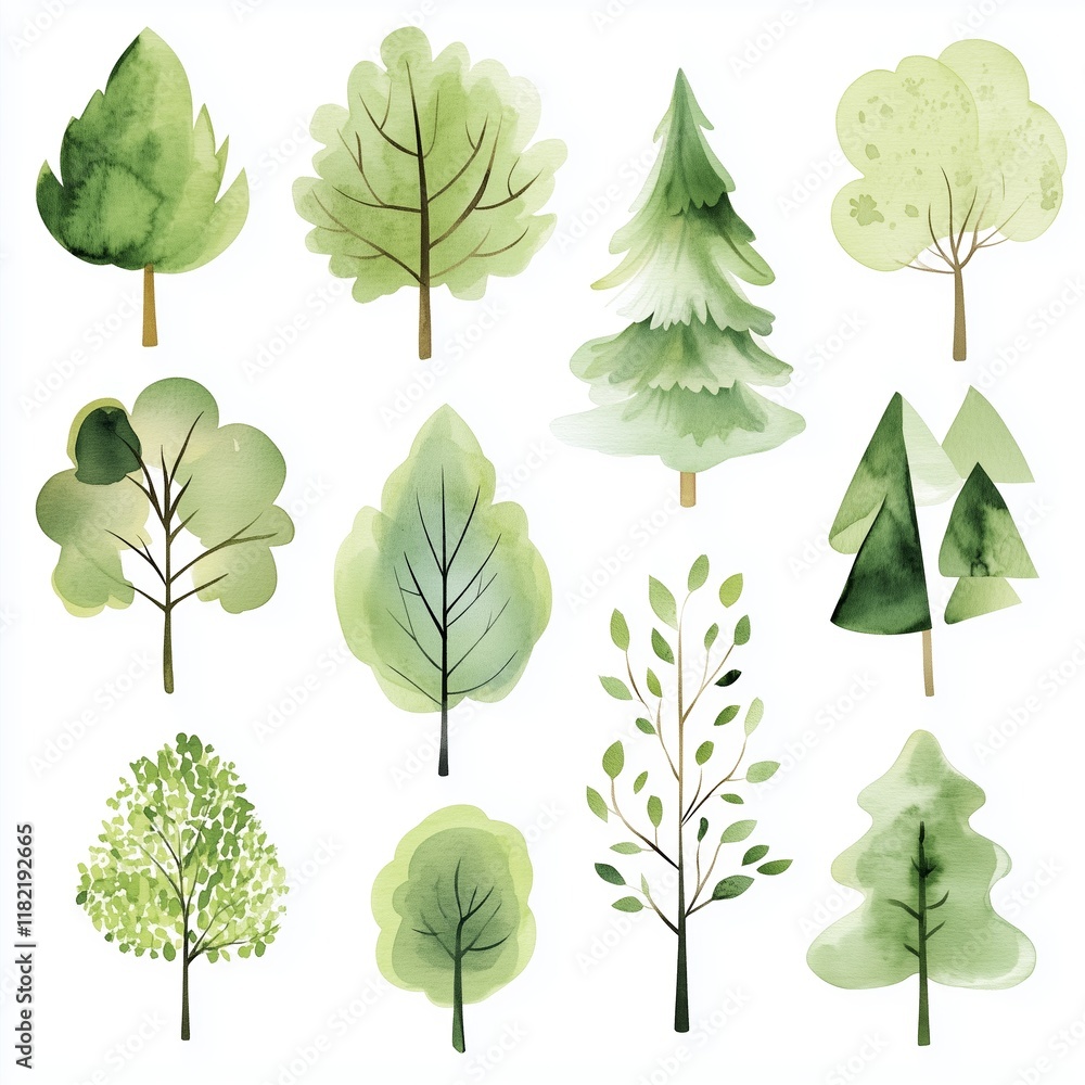 Fototapeta premium Watercolor green trees isolated on a white background.
