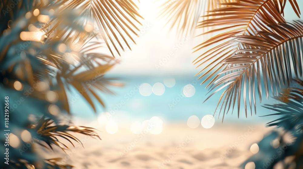 Fototapeta premium Summer background with palm leaves and a beach