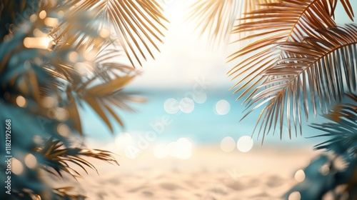 Fototapeta Naklejka Na Ścianę i Meble -  Summer background with palm leaves and a beach