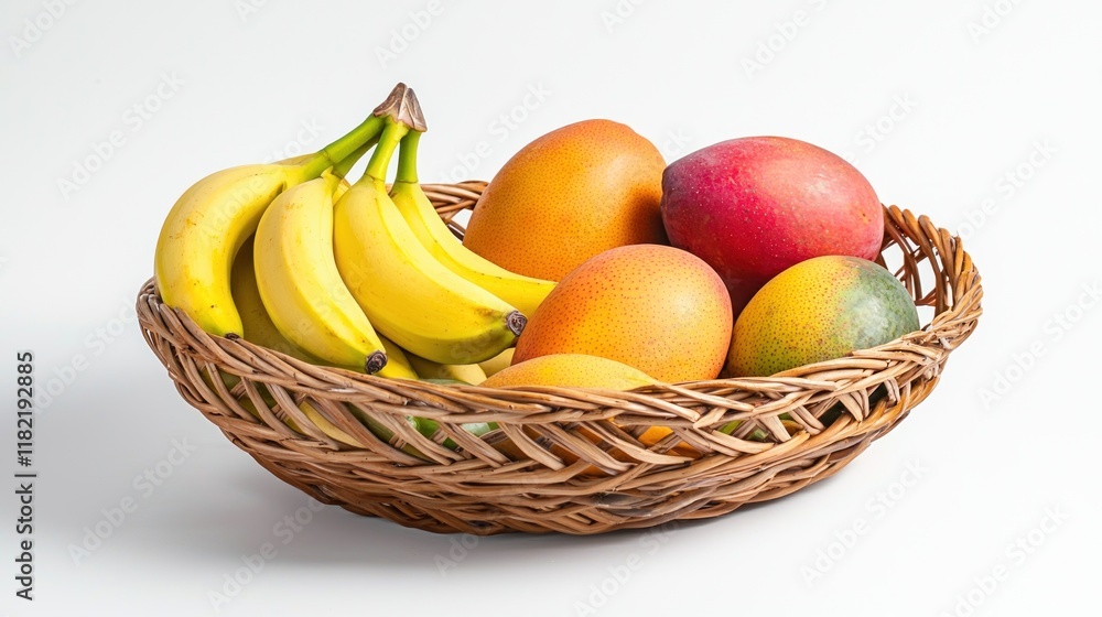 Fresh Ripe Bananas and Mangoes in a Wicker Basket Healthy Tropical Fruit Fresh Ripe Bananas and Mangoes in a Wicker Basket Healthy Tropical Fruit