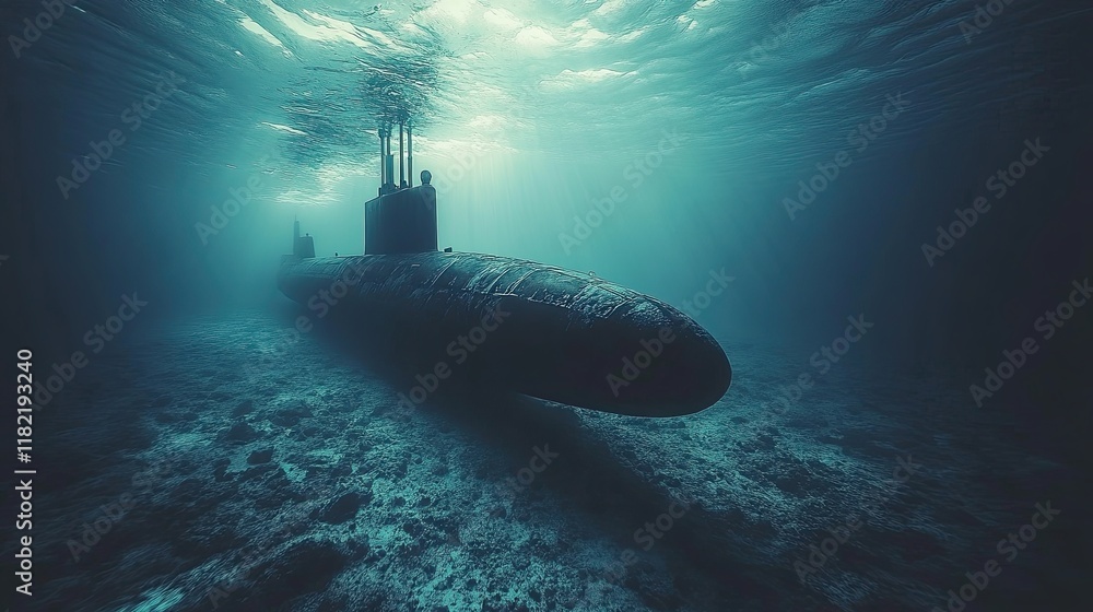 Submarine navigating through deep ocean waters at twilight with sediment and marine life surrounding it Submarine navigating through deep ocean waters at twilight with sediment and marine life surrounding it
