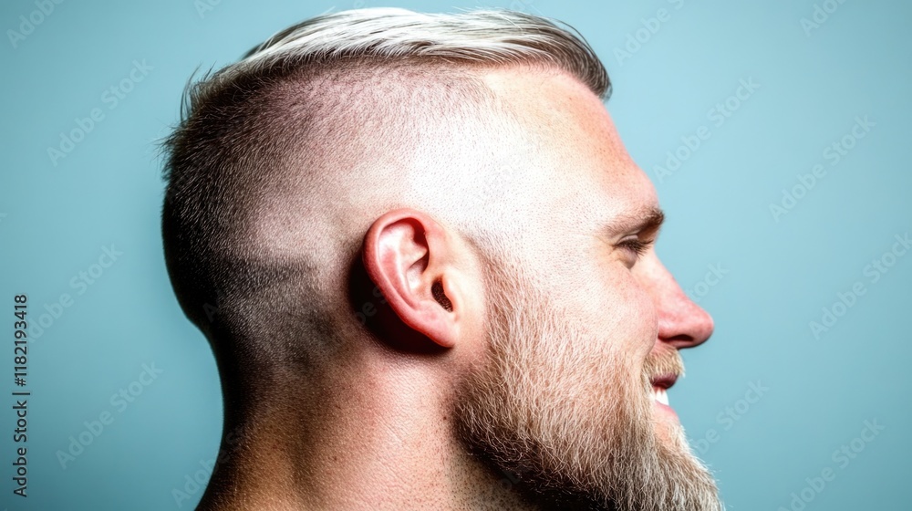 Obraz premium Profile of young caucasian male with modern haircut and beard against blue background