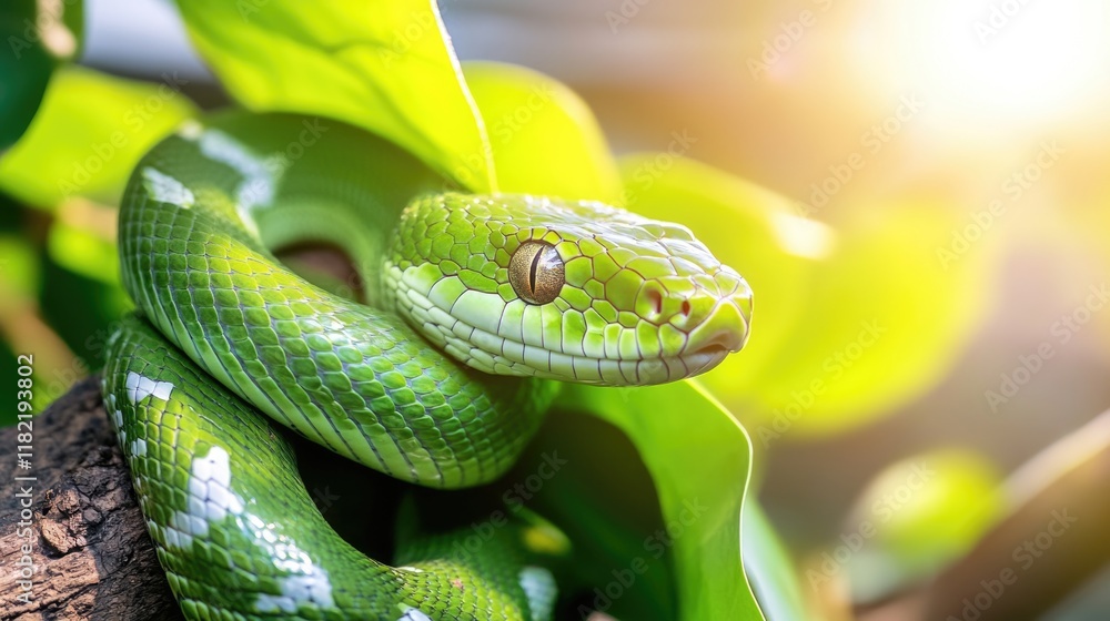Fototapeta premium Vibrant green snake coiled on leaf in sunlight