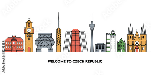 Czech republic outline skyline, Czech flat thin line icons, landmarks, illustrations 