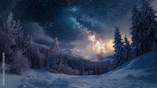 Majestic winter landscape under a starry sky captures the glow of the Milky Way