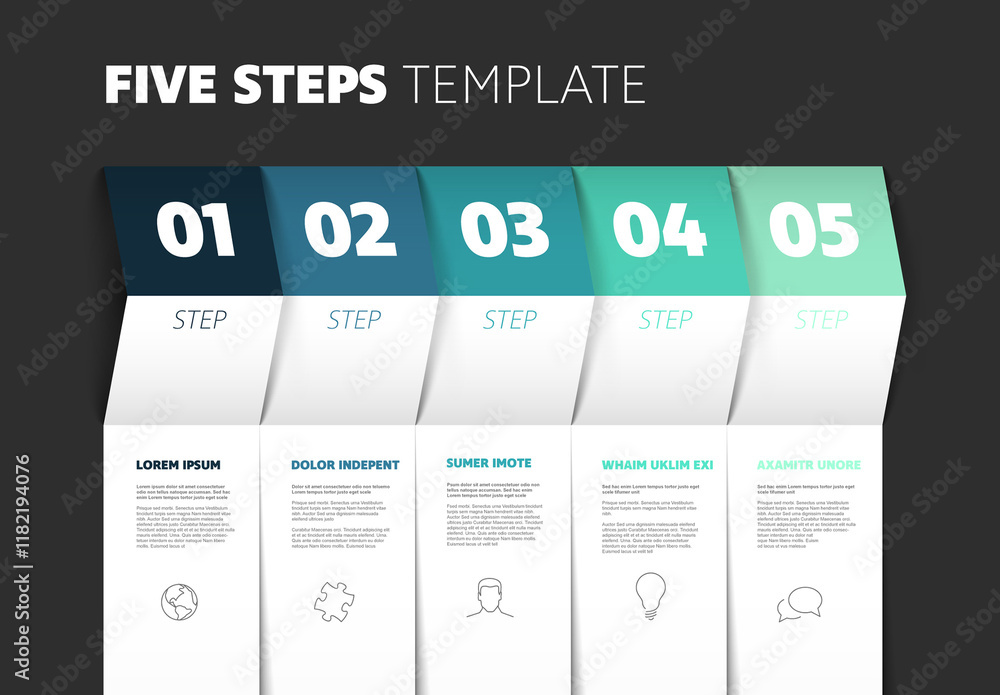 Five teal progress block steps on folded paper stripes template with descriptions and icons