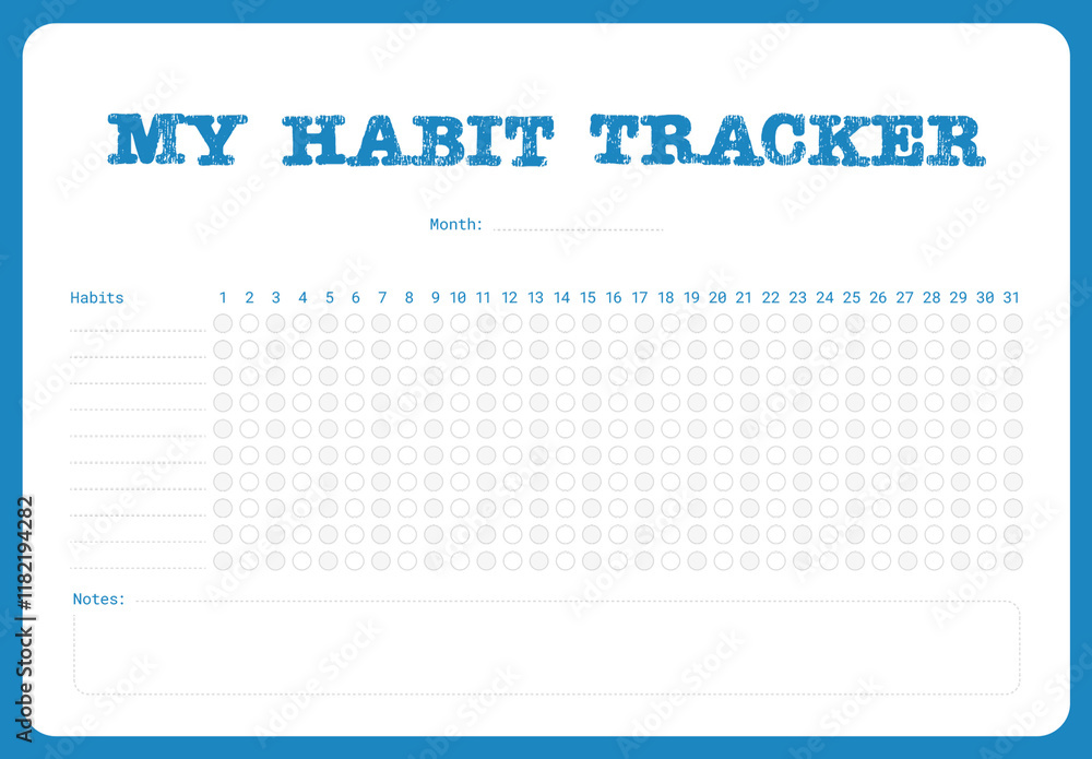Simple minimalistic full month Habit Tracker Template with Blue Border