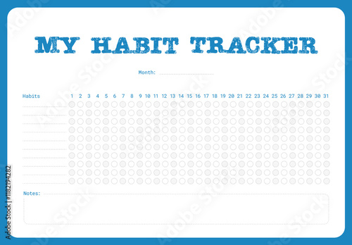 Simple minimalistic full month Habit Tracker Template with Blue Border