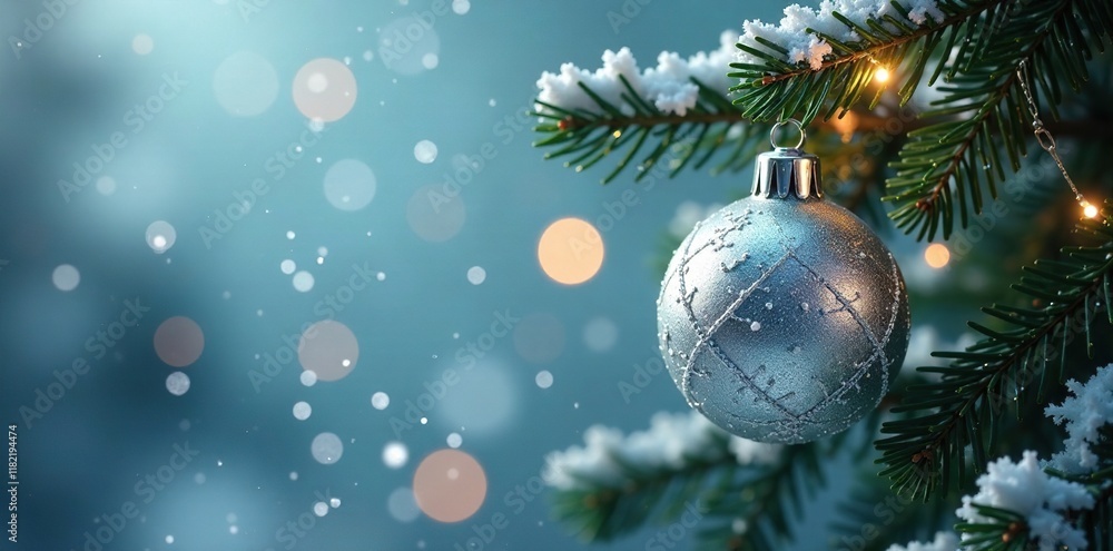 Sparkling silver ornaments on a winter tree branch, snowflake, garland Sparkling silver ornaments on a winter tree branch, snowflake, garland