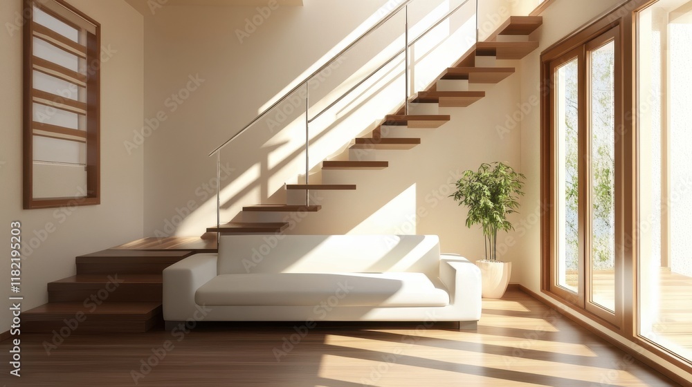 Obraz premium Elegant living room featuring a floating wooden staircase, a white sofa, large windows, and natural sunlight enhancing the cozy atmosphere.