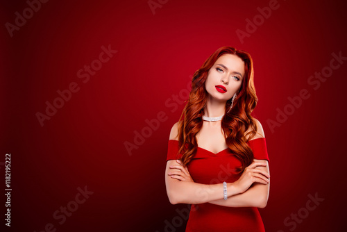 Photo of classy ginger hair lady cross arms feel tempting flirting wear evening gown over red color background photo