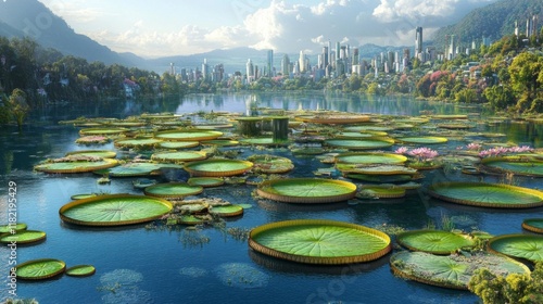 A vibrant city emerges from immense lilies floating on tranquil waters, blending nature and innovation photo