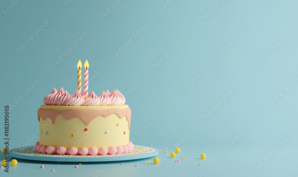 Simple pastel birthday cake with two lit candles and pink frosting on a blue background, ideal for children’s party themes.