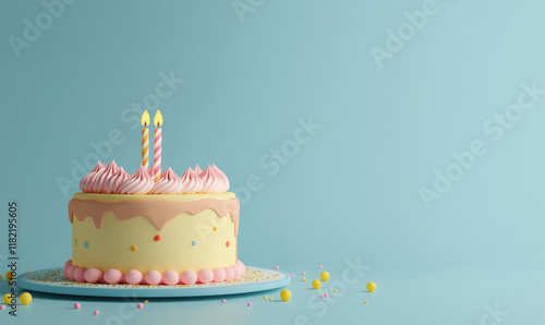 Obraz na płótnie Simple pastel birthday cake with two lit candles and pink frosting on a blue background, ideal for children’s party themes. w salonie