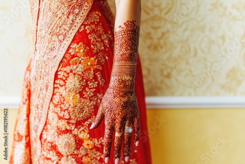 Young asian female in ornate red attire with intricate henna design photo