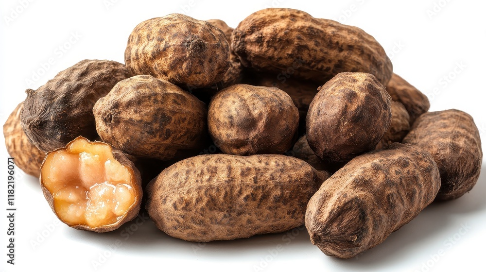 A pile of roasted peanuts in their shells, one cracked open to reveal the nuts inside, isolated on a white background. A pile of roasted peanuts in their shells, one cracked open to reveal the nuts inside, isolated on a white background.