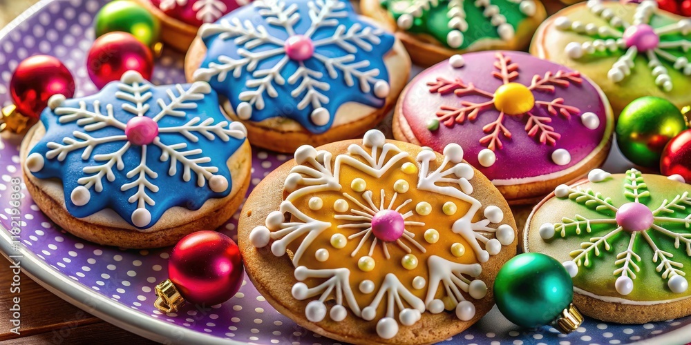 Fototapeta premium Watercolor-esque macro photography of iced snowflake cookies and colorful candy balls.