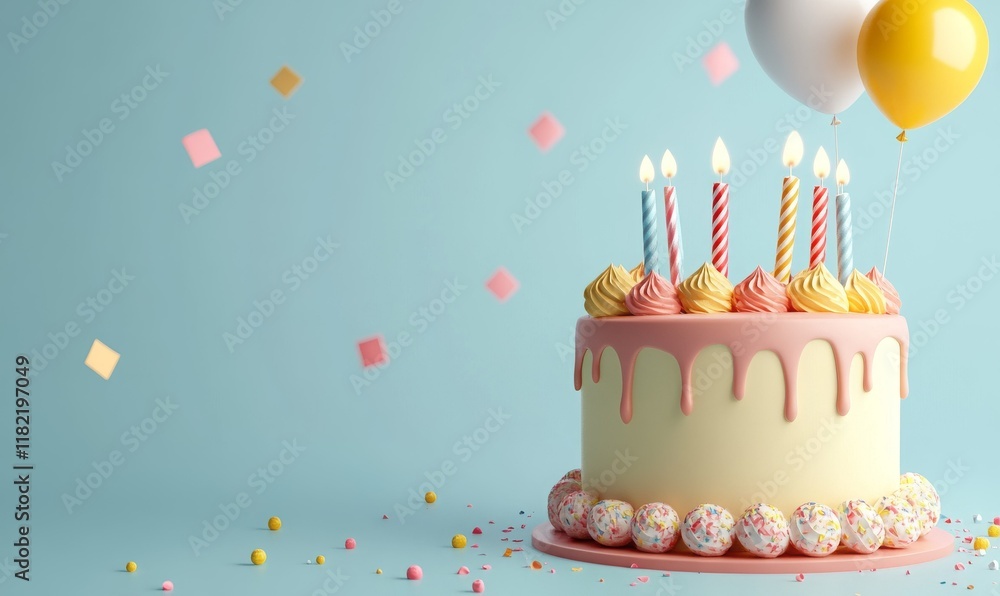 Festive birthday cake with candles, balloons, and confetti on a blue background, perfect for party celebration themes.