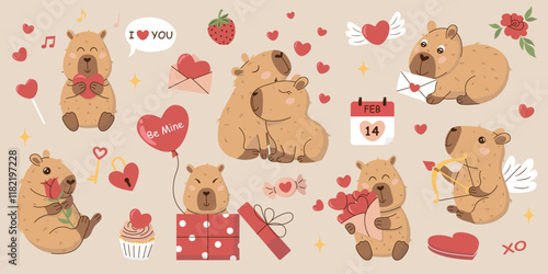 A charming Valentines Day sticker set featuring adorable capybaras, hearts, gifts, and romantic icons. Perfect for cards, scrapbooking, digital designs, and social media. Cute and whimsical style.